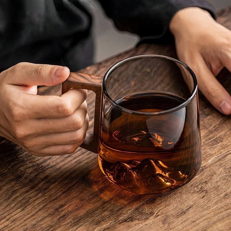 Glass Coffee Mug with Smoked Glass and Walnut Handle