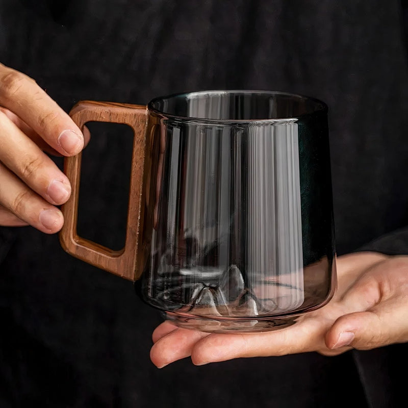 Glass Coffee Mug with Smoked Glass and Walnut Handle