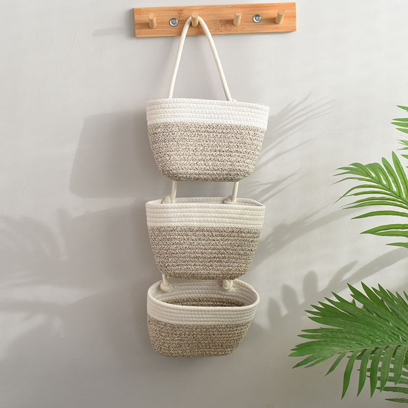 Three-Tier Woven Cotton Hanging Baskets for Wall Storage