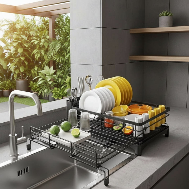 Kitchen Dish Drying Rack with Integrated Drip Tray and Cutlery Holder