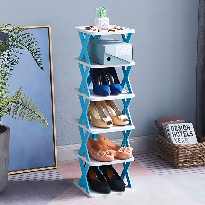 Folding Shoe Rack with Tiered Shelves and X-Frame Sides for Hallways