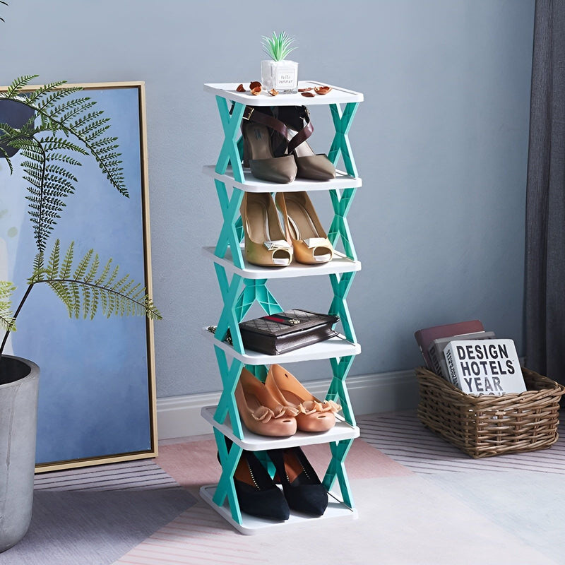 Folding Shoe Rack with Tiered Shelves and X-Frame Sides for Hallways