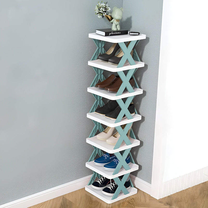 Folding Shoe Rack with Tiered Shelves and X-Frame Sides for Hallways