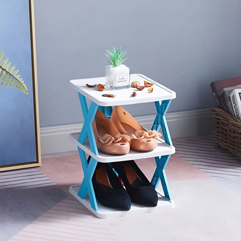 Folding Shoe Rack with Tiered Shelves and X-Frame Sides for Hallways