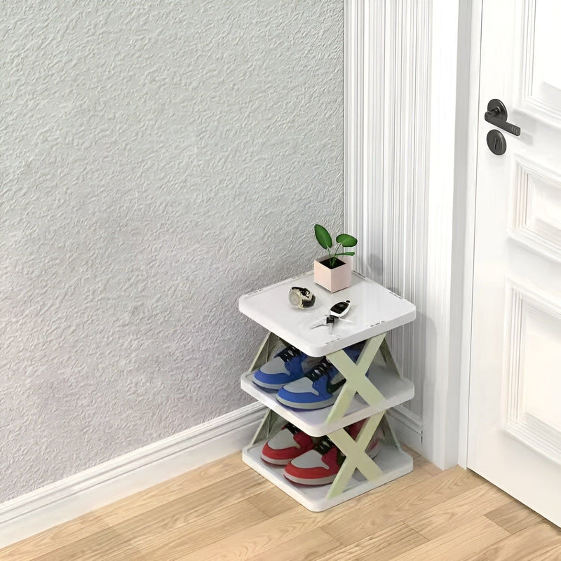 Folding Shoe Rack with Tiered Shelves and X-Frame Sides for Hallways