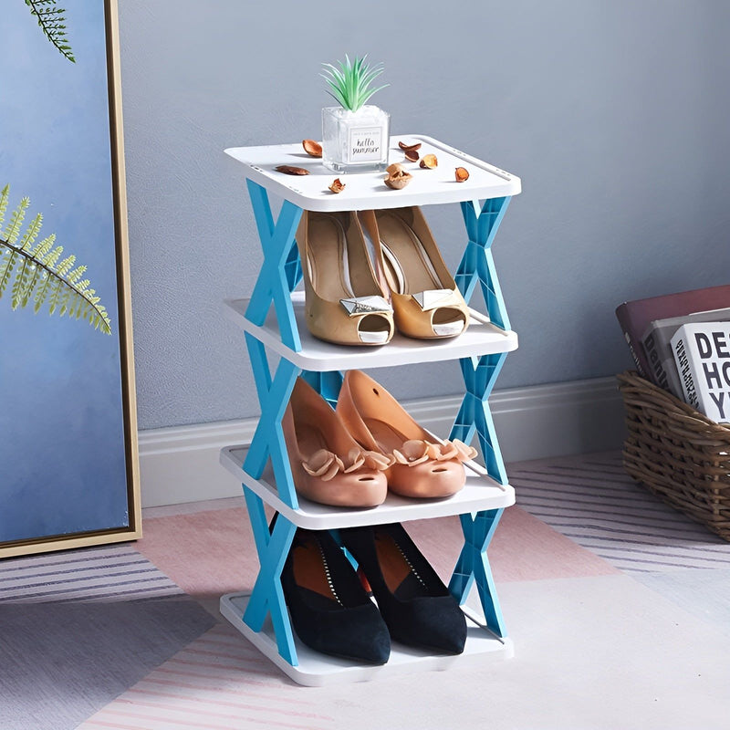 Folding Shoe Rack with Tiered Shelves and X-Frame Sides for Hallways
