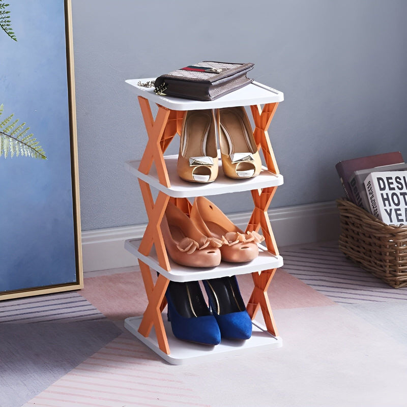 Folding Shoe Rack with Tiered Shelves and X-Frame Sides for Hallways