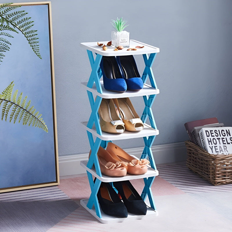 Folding Shoe Rack with Tiered Shelves and X-Frame Sides for Hallways