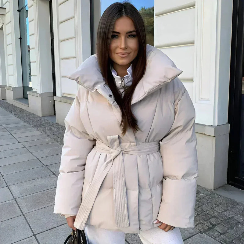 Ladies Padded Winter Jacket with Belt and Stand-Up Collar – Warm and Stylish
