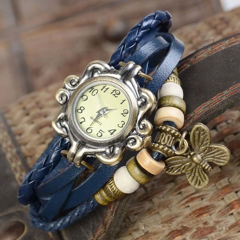 Quartz Bracelet Watch with Braided Straps and a Butterfly Charm