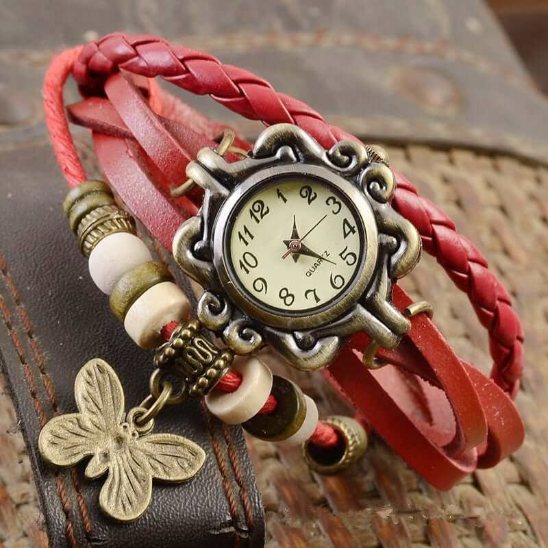 Quartz Bracelet Watch with Braided Straps and a Butterfly Charm