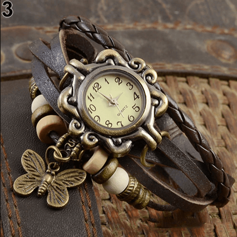 Quartz Bracelet Watch with Braided Straps and a Butterfly Charm