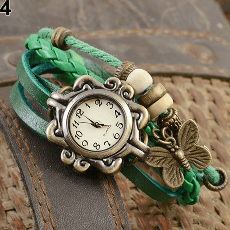 Quartz Bracelet Watch with Braided Straps and a Butterfly Charm