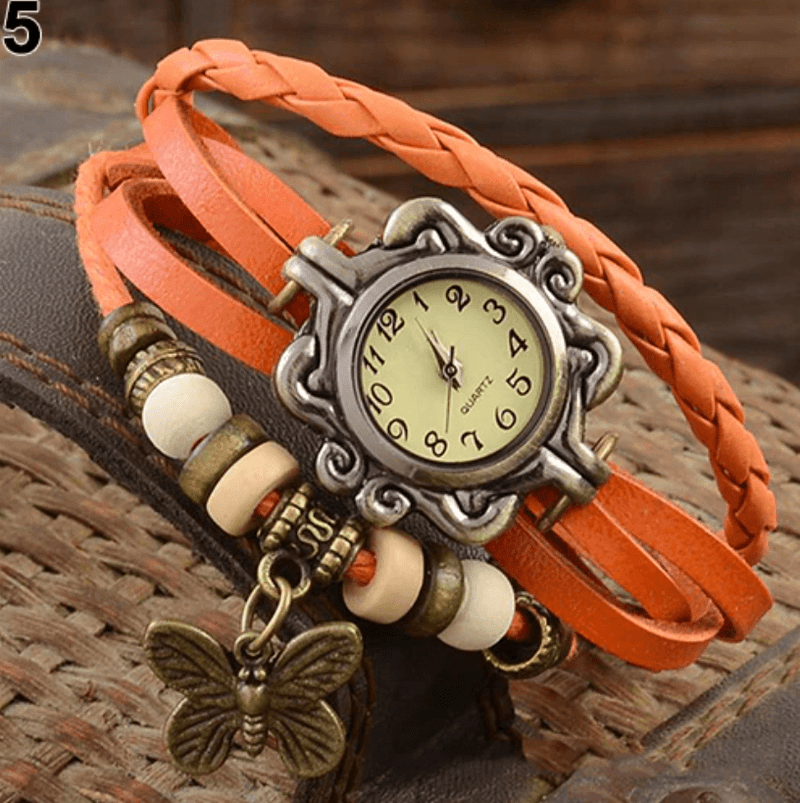 Quartz Bracelet Watch with Braided Straps and a Butterfly Charm