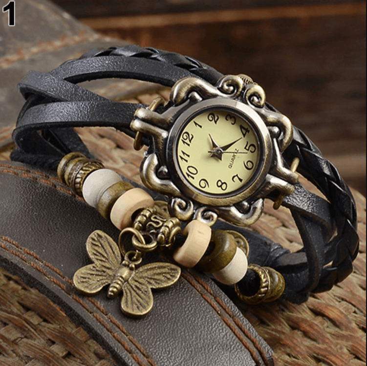 Quartz Bracelet Watch with Braided Straps and a Butterfly Charm