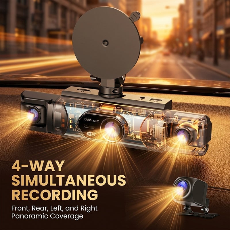 360° 4-Channel WiFi Dash Cam with Night Vision
