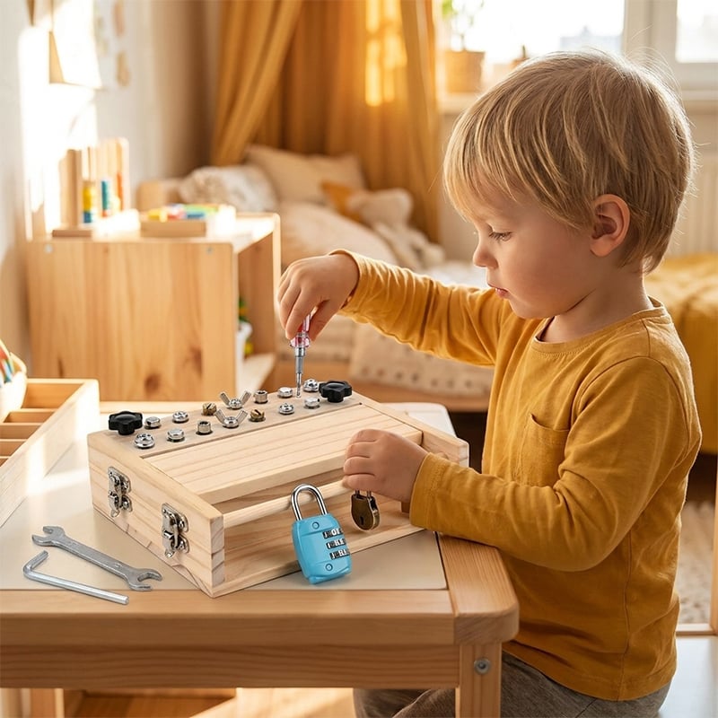 Wooden Screwdriver Busy Board with Locks & Bolts