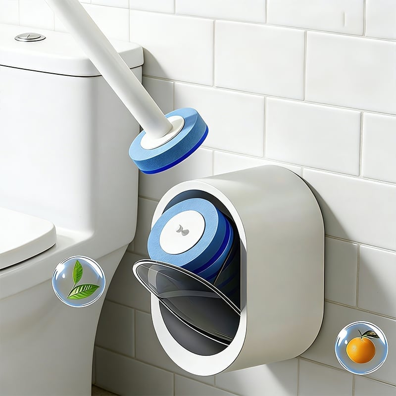 Hands-Free Flip-Top Disposable Toilet Brush with Wall-Mounted Holder