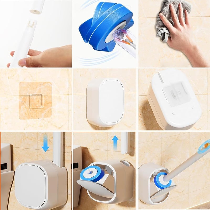 Hands-Free Flip-Top Disposable Toilet Brush with Wall-Mounted Holder