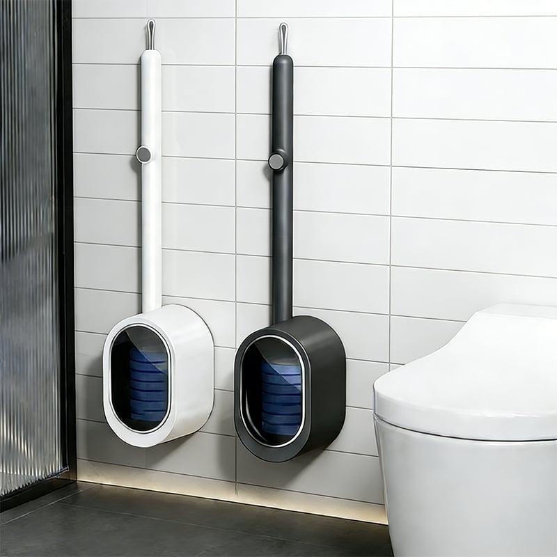 Hands-Free Flip-Top Disposable Toilet Brush with Wall-Mounted Holder