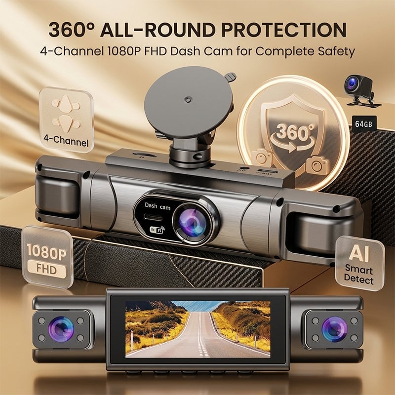 360° 4-Channel WiFi Dash Cam with Night Vision