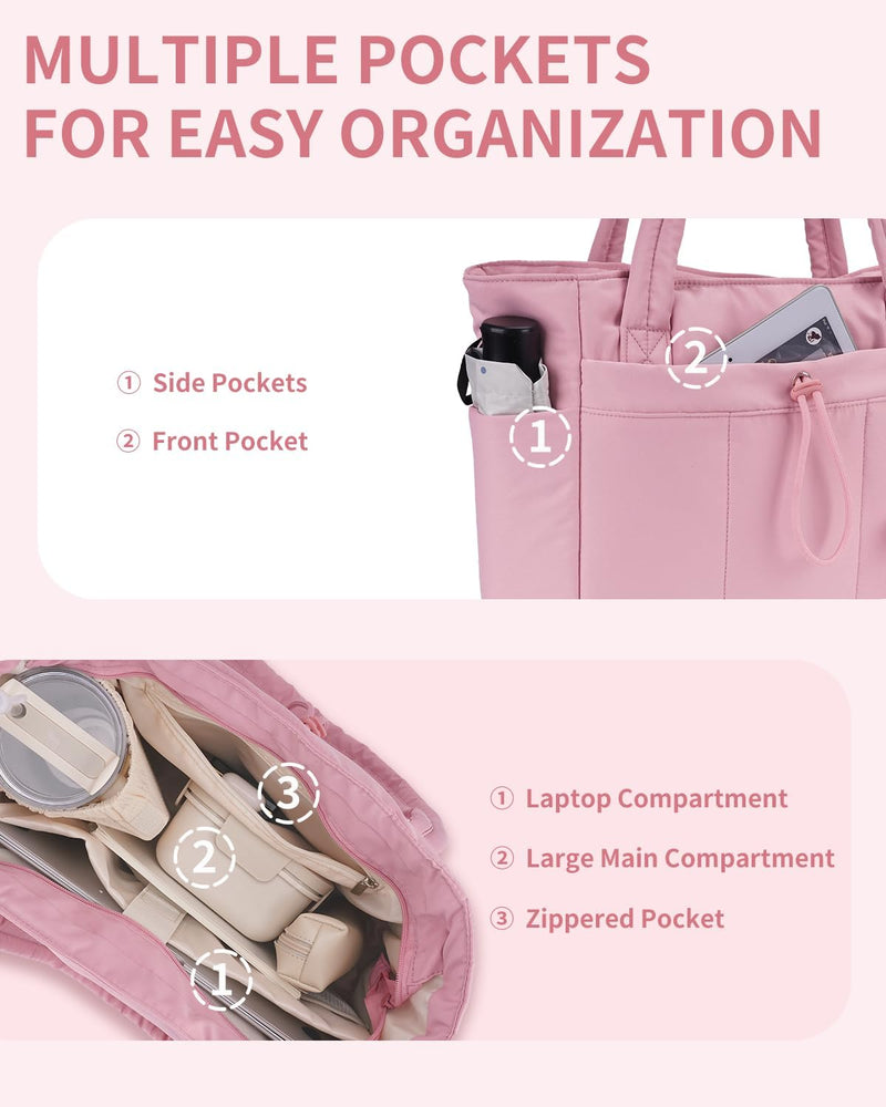Quilted Puffer Tote Bag with a Cup Holder and Laptop Sleeve