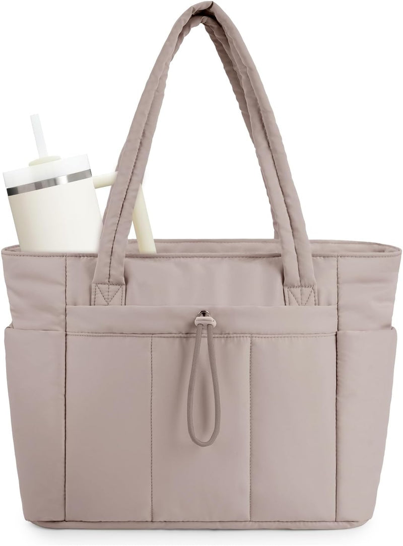 Quilted Puffer Tote Bag with a Cup Holder and Laptop Sleeve