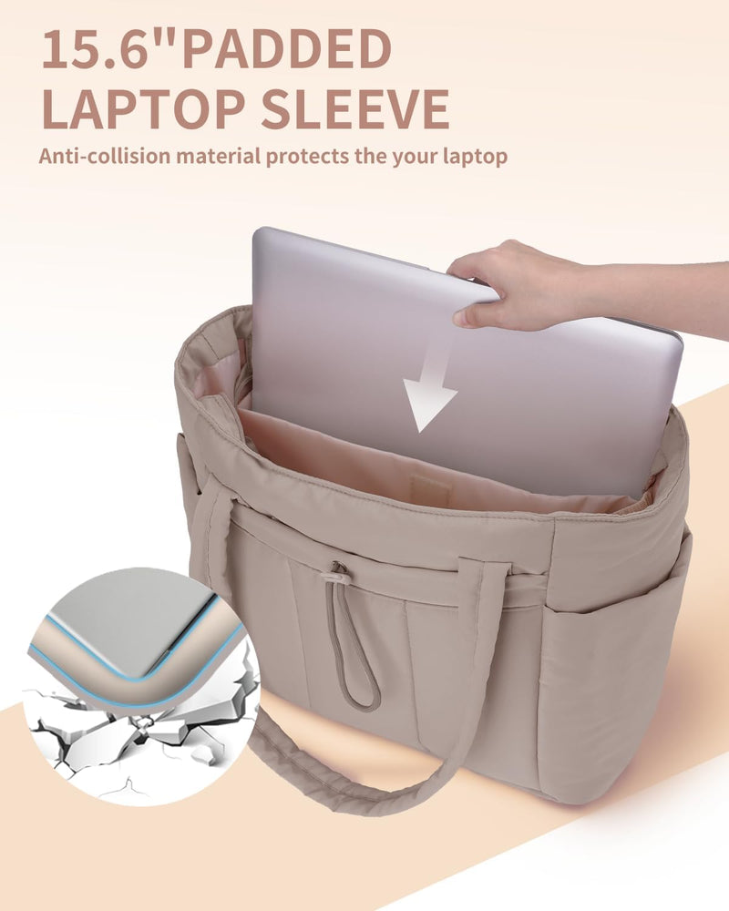 Quilted Puffer Tote Bag with a Cup Holder and Laptop Sleeve