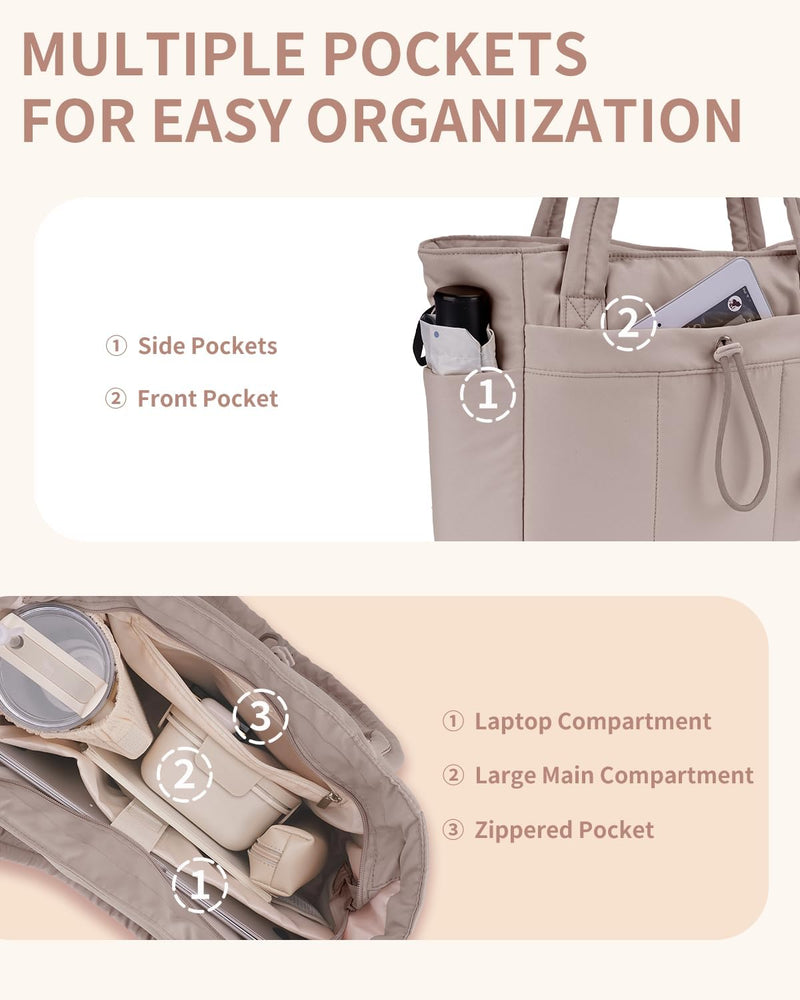 Quilted Puffer Tote Bag with a Cup Holder and Laptop Sleeve