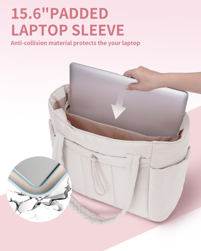 Quilted Puffer Tote Bag with a Cup Holder and Laptop Sleeve