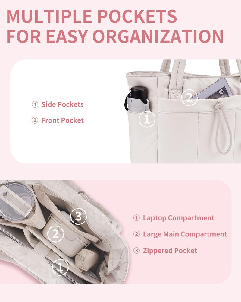 Quilted Puffer Tote Bag with a Cup Holder and Laptop Sleeve