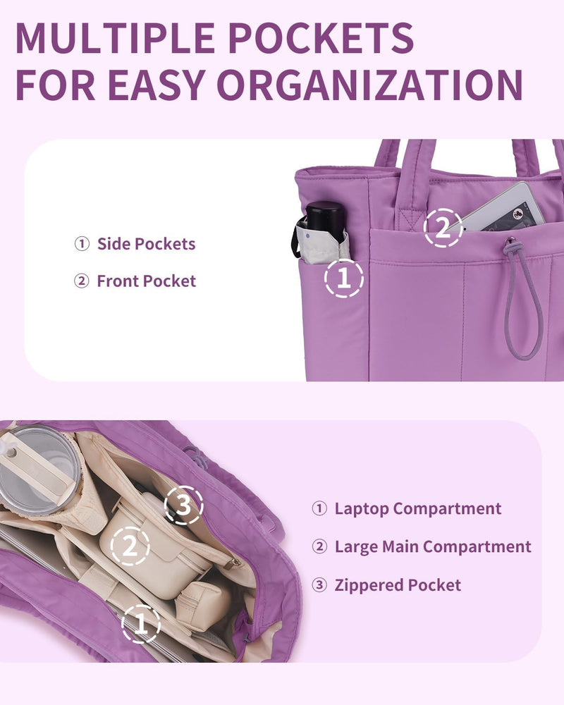 Quilted Puffer Tote Bag with a Cup Holder and Laptop Sleeve