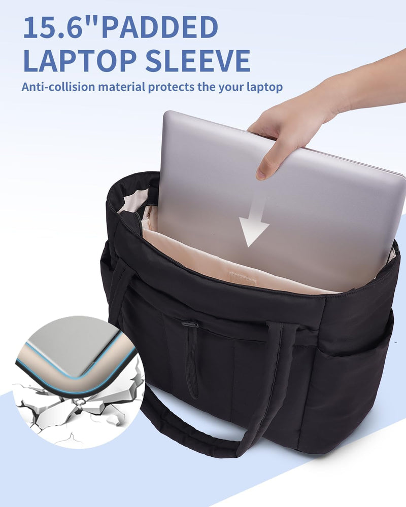 Quilted Puffer Tote Bag with a Cup Holder and Laptop Sleeve