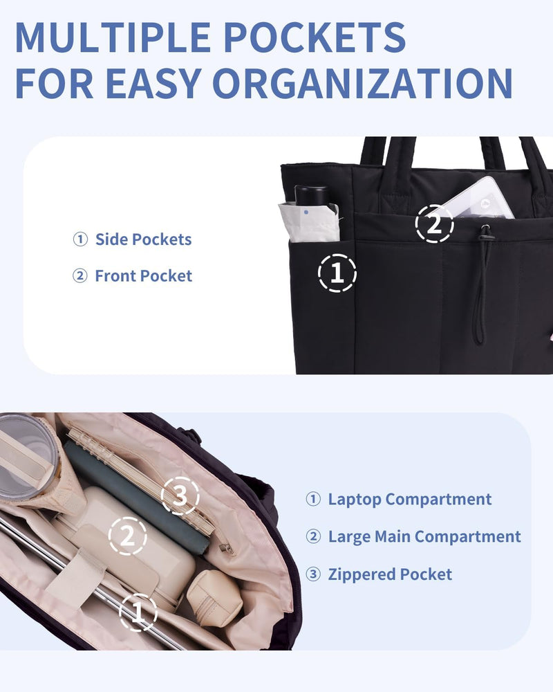 Quilted Puffer Tote Bag with a Cup Holder and Laptop Sleeve