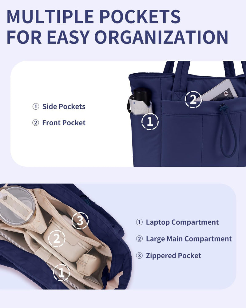 Quilted Puffer Tote Bag with a Cup Holder and Laptop Sleeve