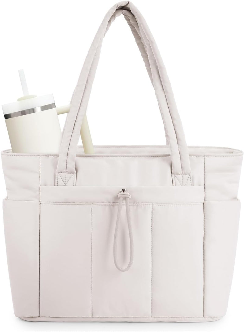 Quilted Puffer Tote Bag with a Cup Holder and Laptop Sleeve
