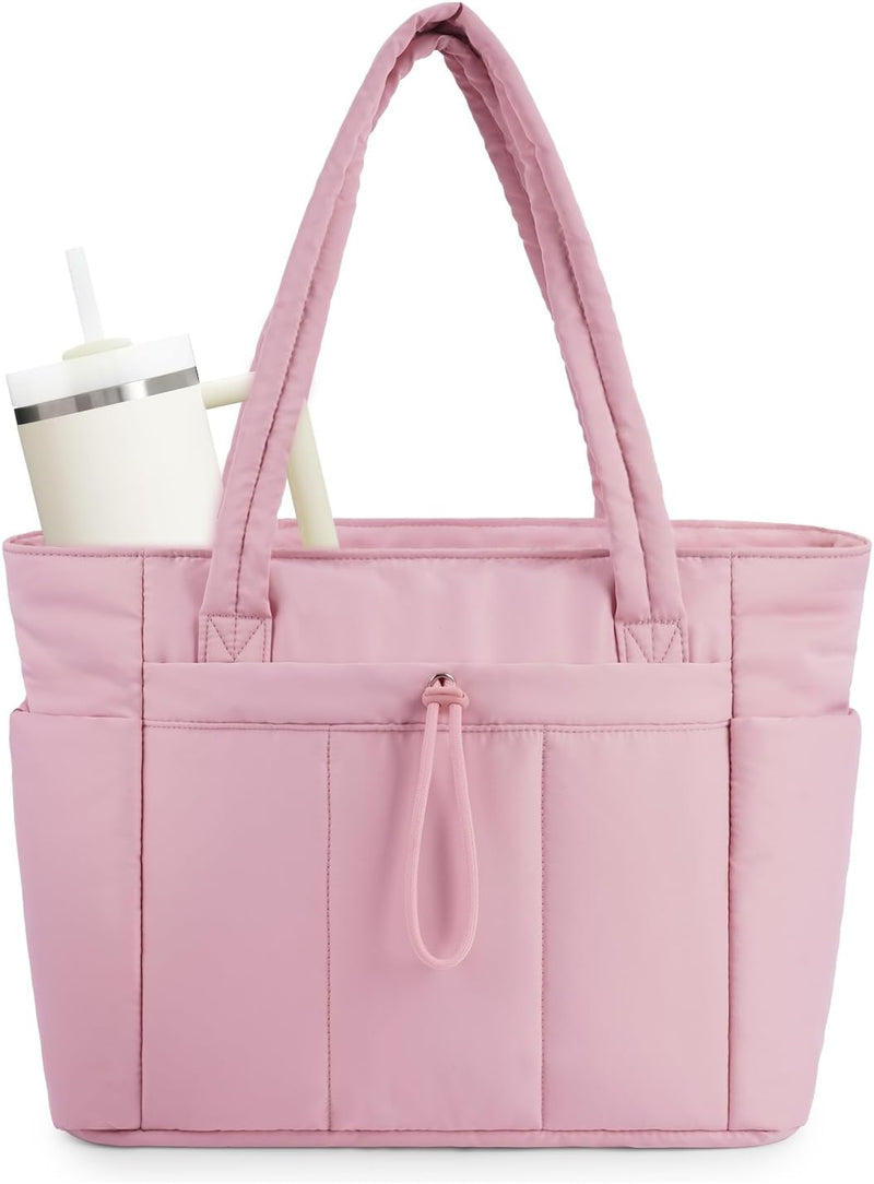 Quilted Puffer Tote Bag with a Cup Holder and Laptop Sleeve