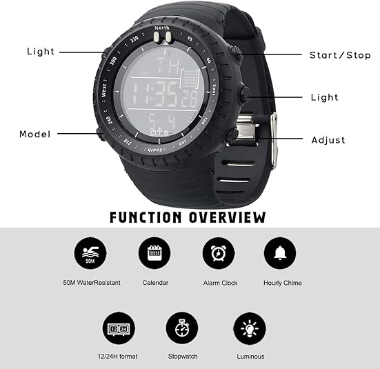 Men's Digital Sports Watch with LED Backlight and Water-Resistant Design
