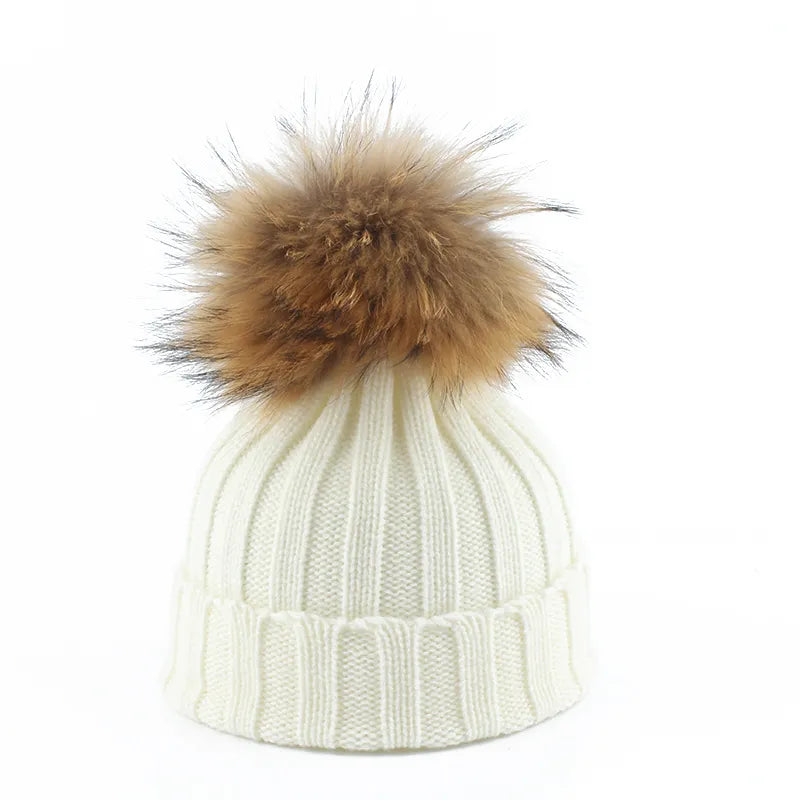 Knitted Ribbed Beanie with Faux-Fur Pom-Pom