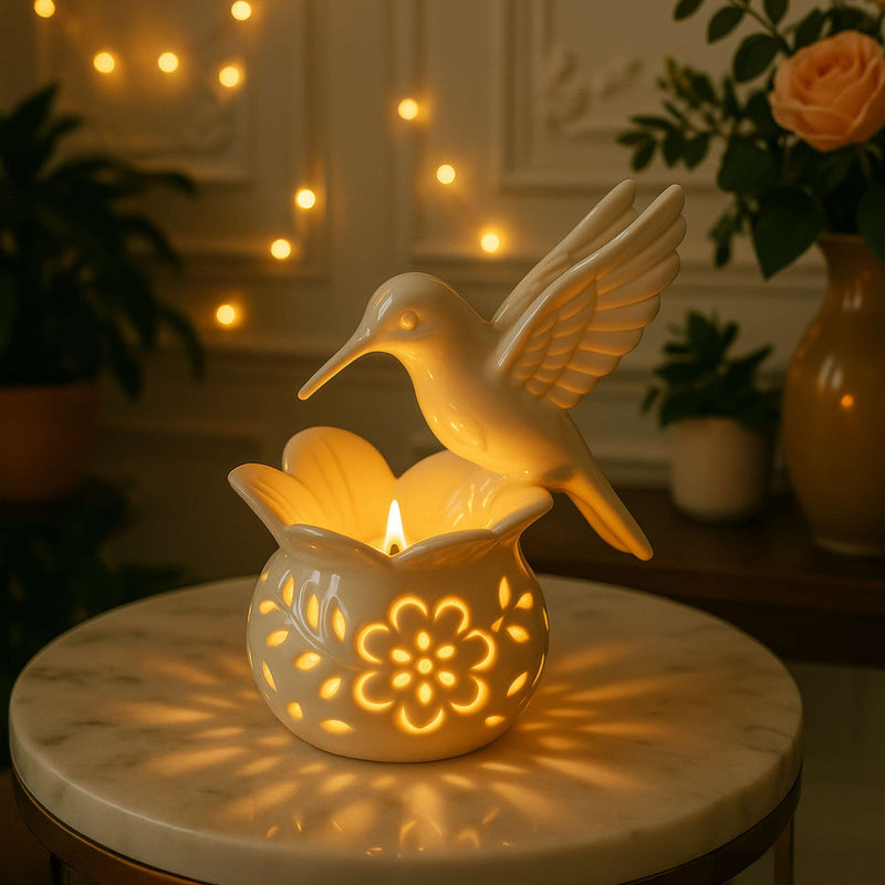 Tealight Holder with Hummingbird Figure and Floral Cut-Out Base
