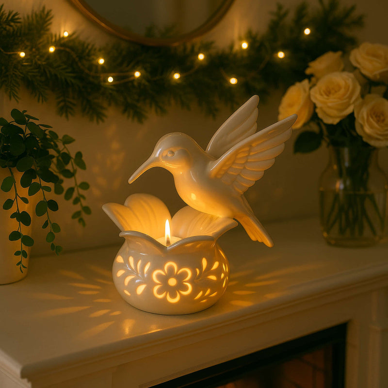 Tealight Holder with Hummingbird Figure and Floral Cut-Out Base