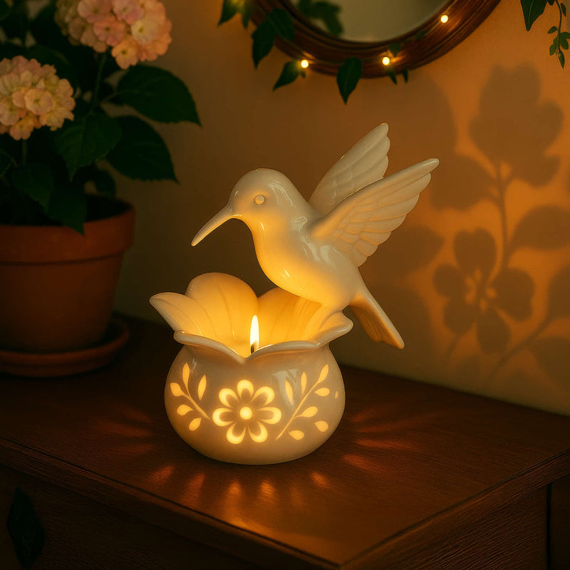 Tealight Holder with Hummingbird Figure and Floral Cut-Out Base