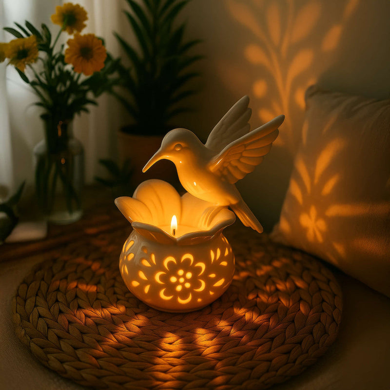 Tealight Holder with Hummingbird Figure and Floral Cut-Out Base