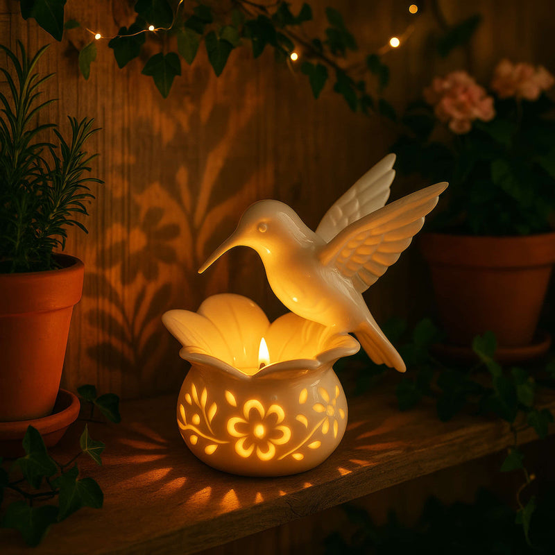 Tealight Holder with Hummingbird Figure and Floral Cut-Out Base